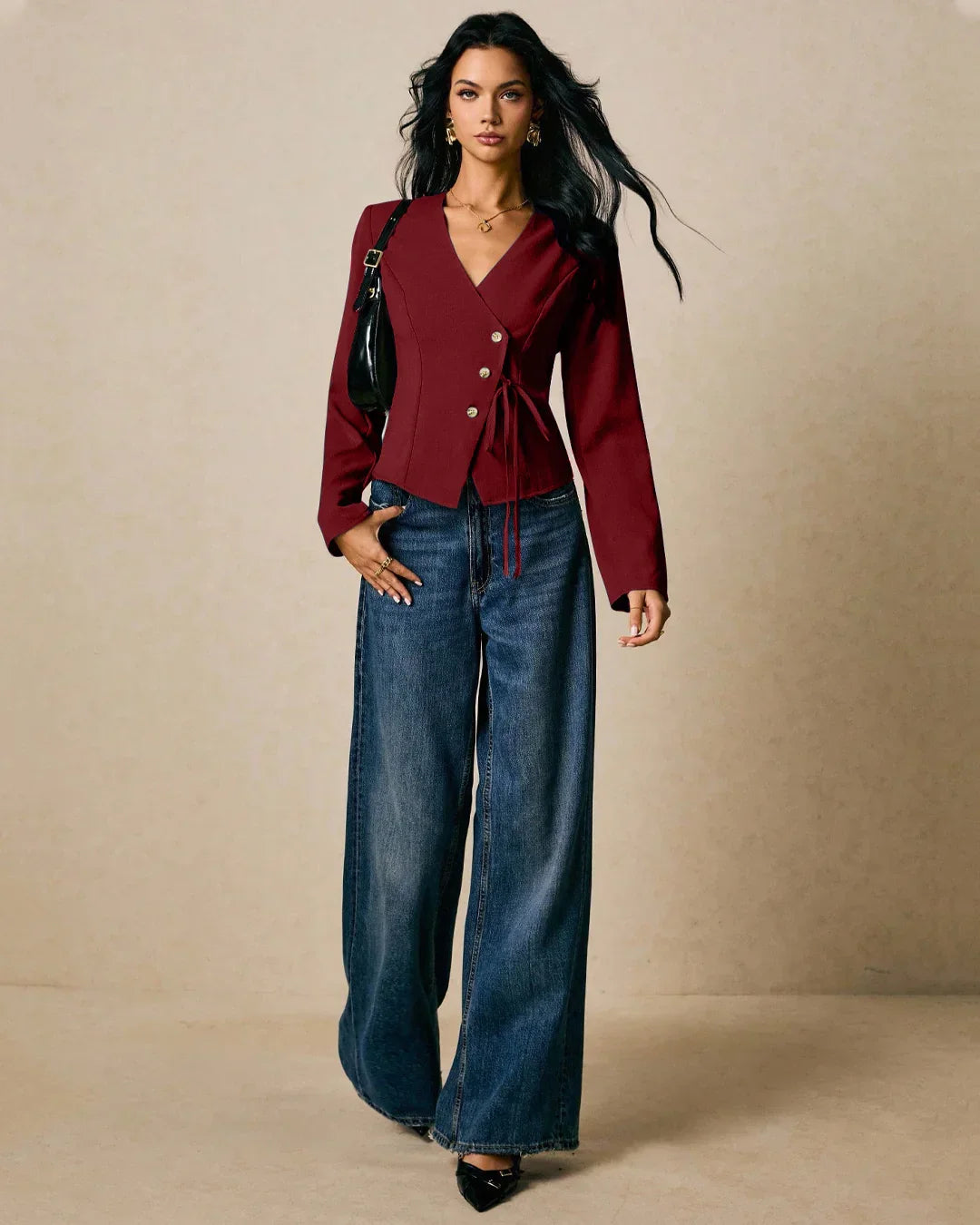 Casual V-Neck Slim Fit Womens Wrap Top in Maroon