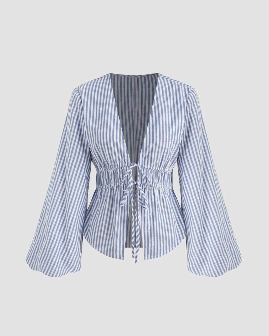 Casual V Neck Bell Sleeve Striped Knot Top in Blue and White