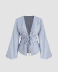 Casual V Neck Bell Sleeve Striped Knot Top in Blue and White