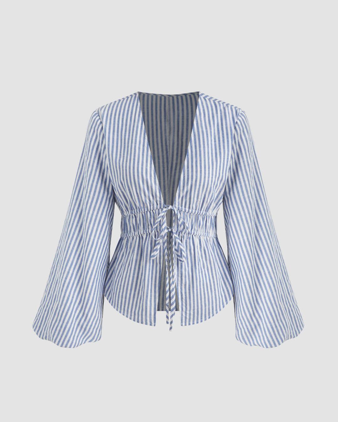 Casual V Neck Bell Sleeve Striped Knot Top in Blue and White
