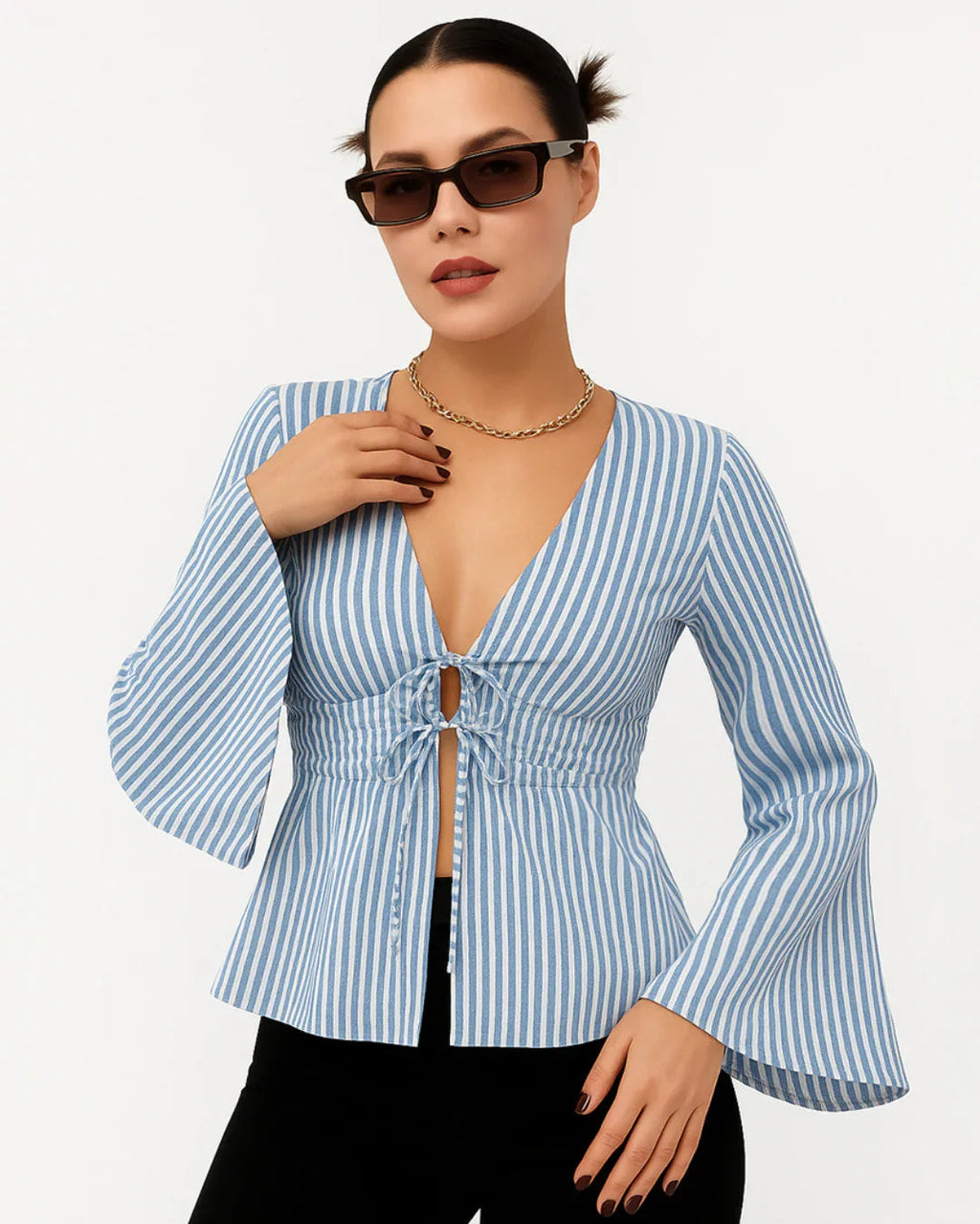 Casual V Neck Bell Sleeve Striped Knot Top in Blue and White