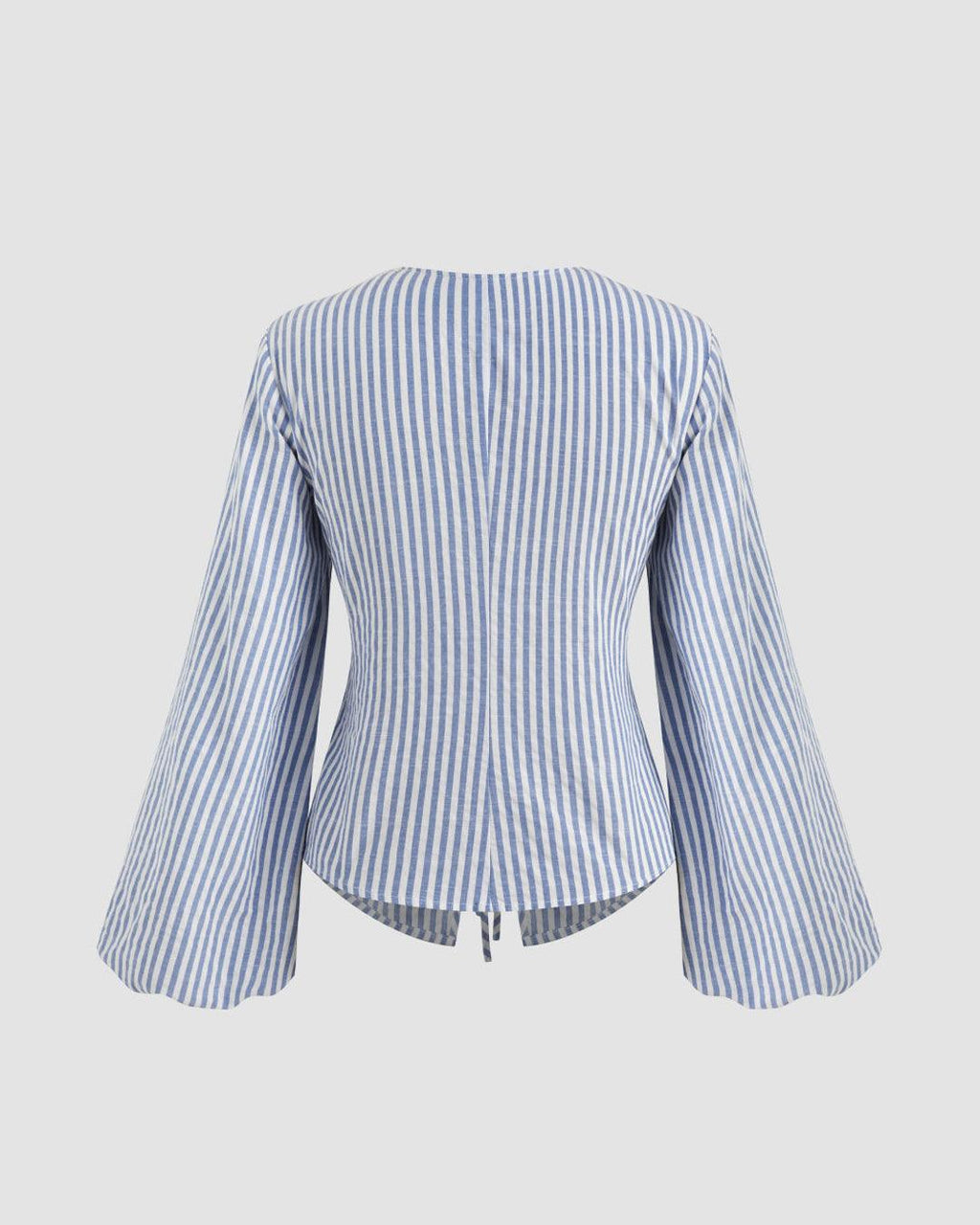 Casual V Neck Bell Sleeve Striped Knot Top in Blue and White