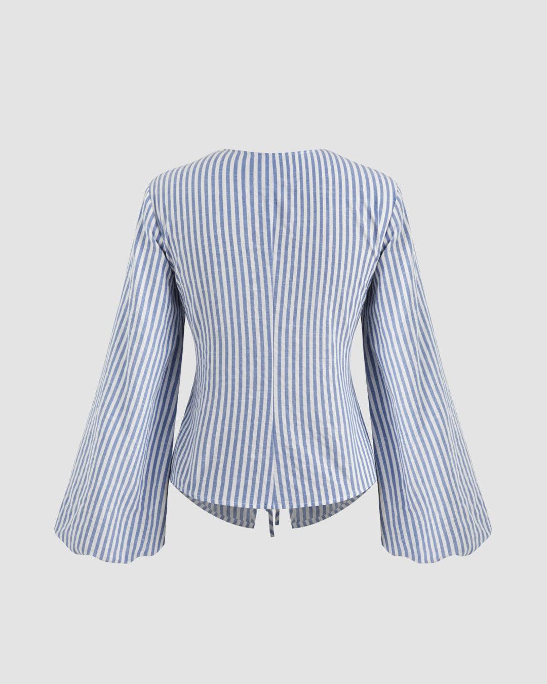 Casual V Neck Bell Sleeve Striped Knot Top in Blue and White