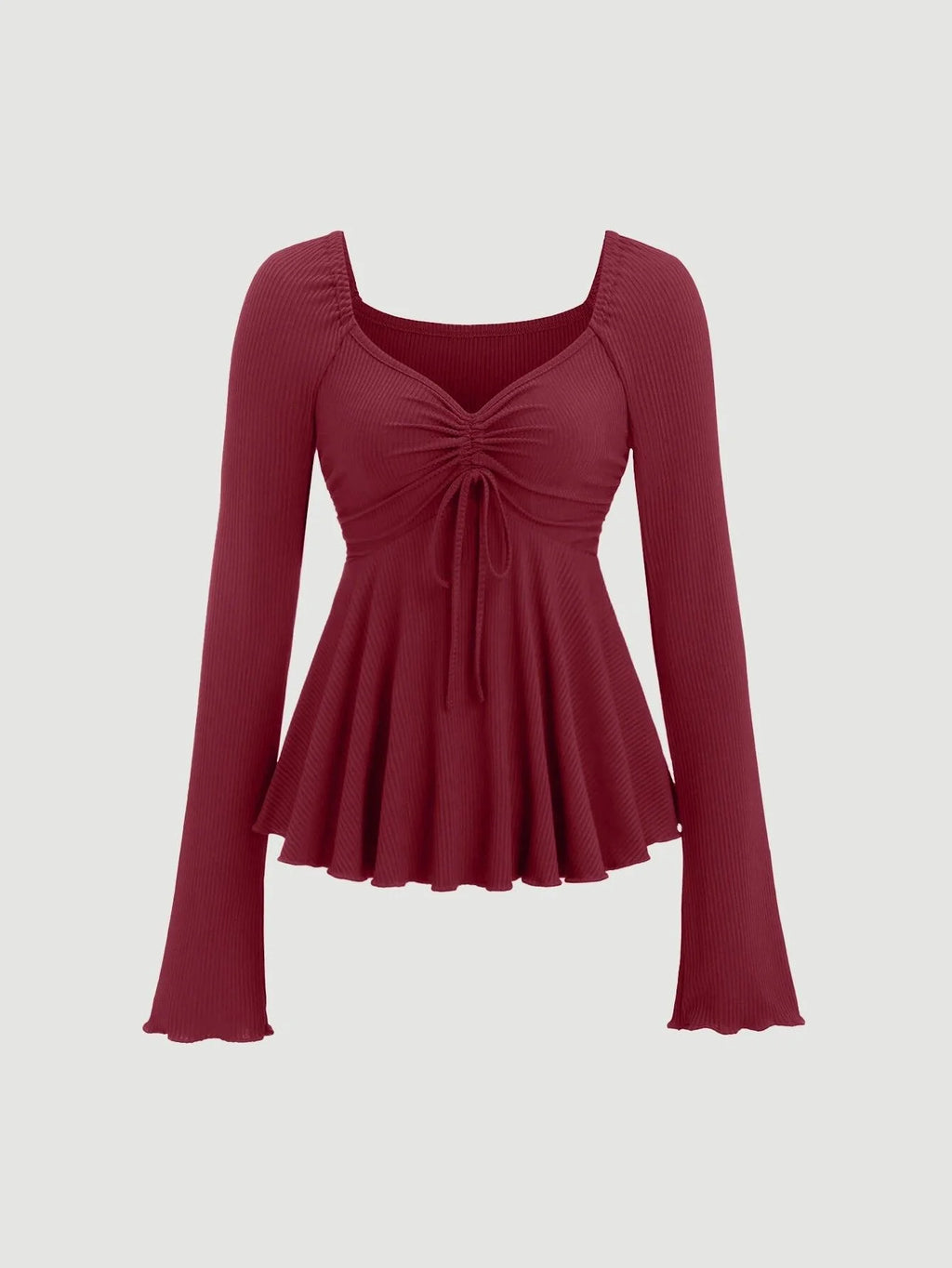 Casual V Neck Ruched Flared Long Sleeve Top in Maroon