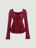 Casual V Neck Ruched Flared Long Sleeve Top in Maroon
