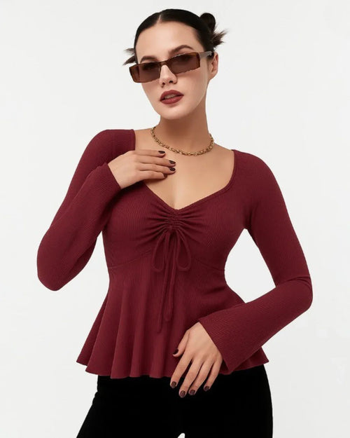 Casual V Neck Ruched Flared Long Sleeve Top in Maroon