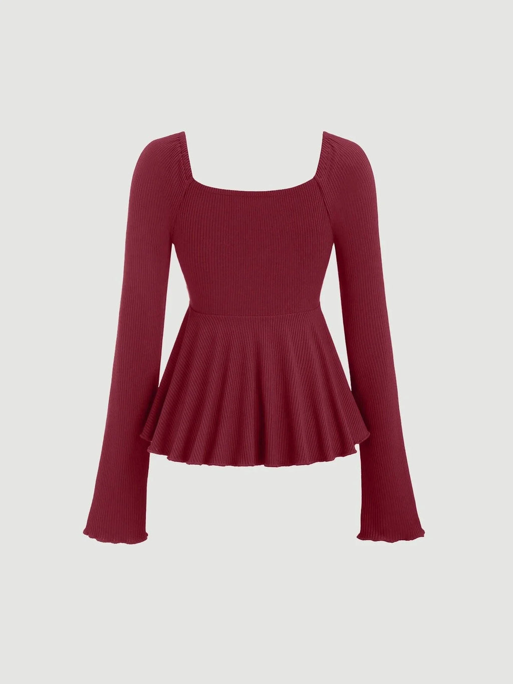 Casual V Neck Ruched Flared Long Sleeve Top in Maroon