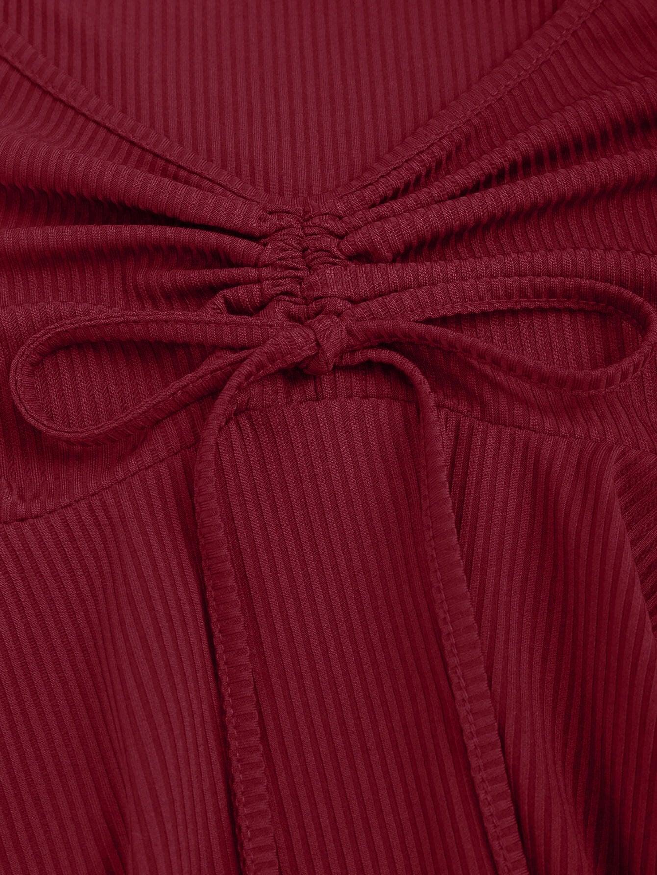 Casual V Neck Ruched Flared Long Sleeve Top in Maroon