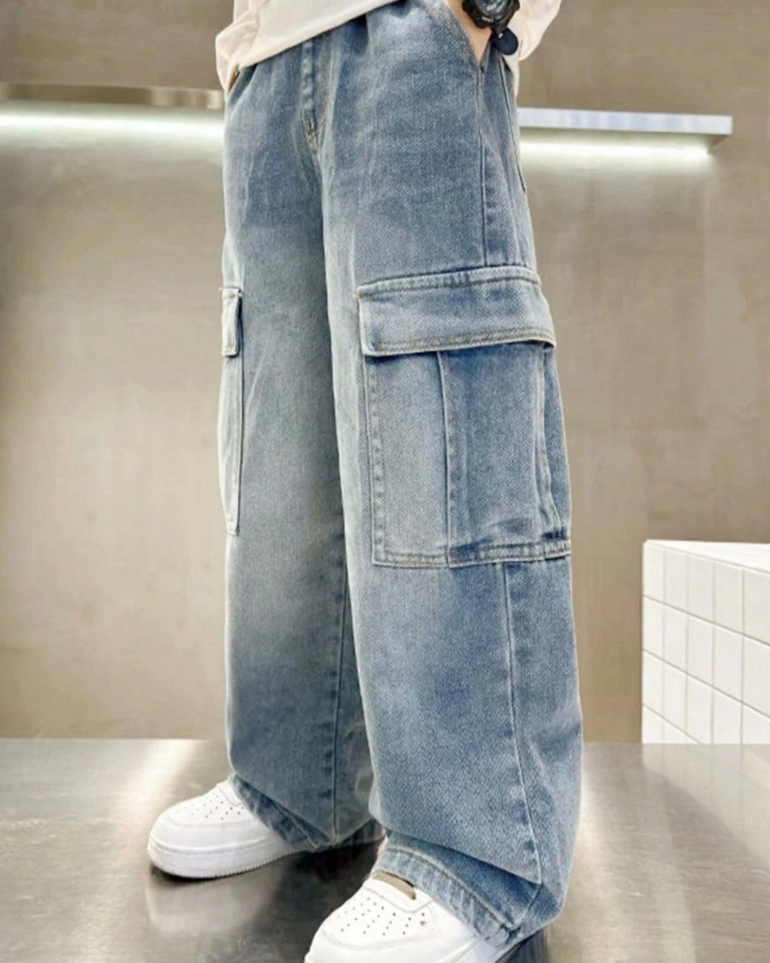 Men Casual Wide-Leg Loose Cargo Trouser In Blue