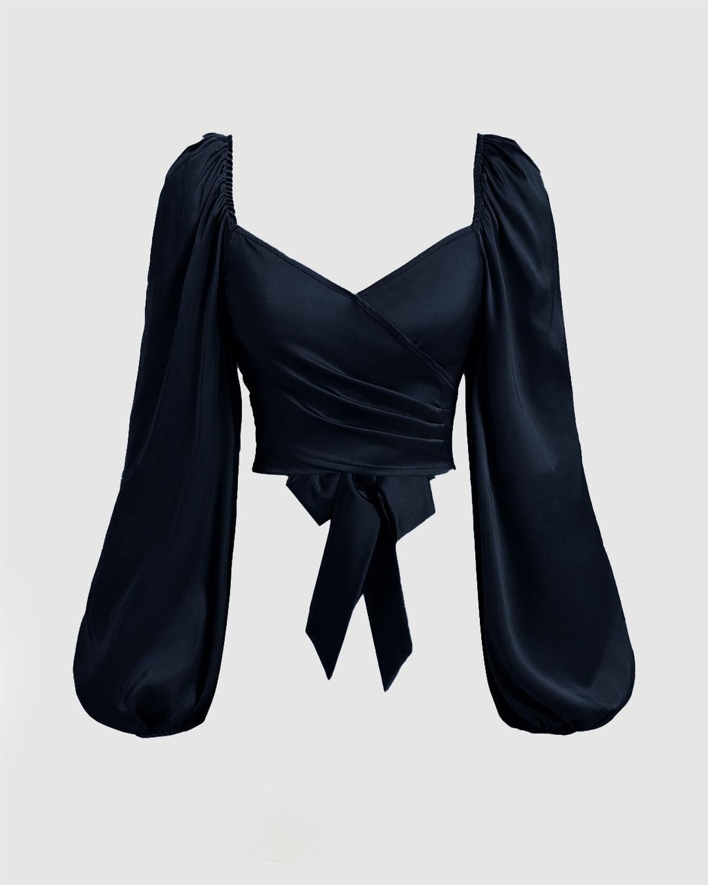 Casual Wrap V Neck Long Sleeve Crop Top in Navy Blue