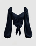 Casual Wrap V Neck Long Sleeve Crop Top in Navy Blue