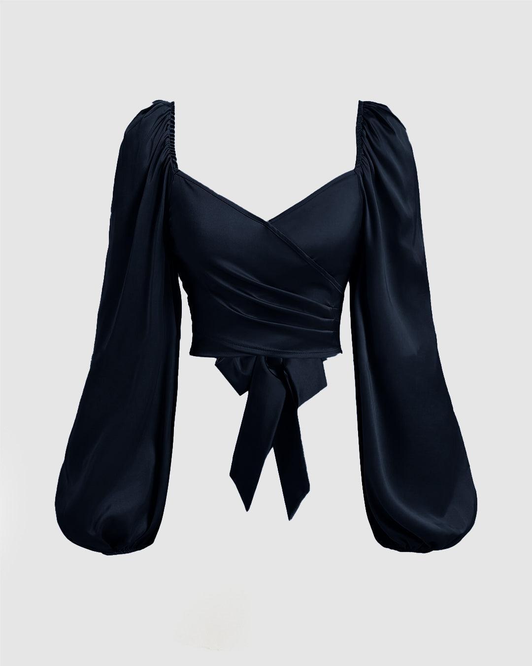 Casual Wrap V Neck Long Sleeve Crop Top in Navy Blue