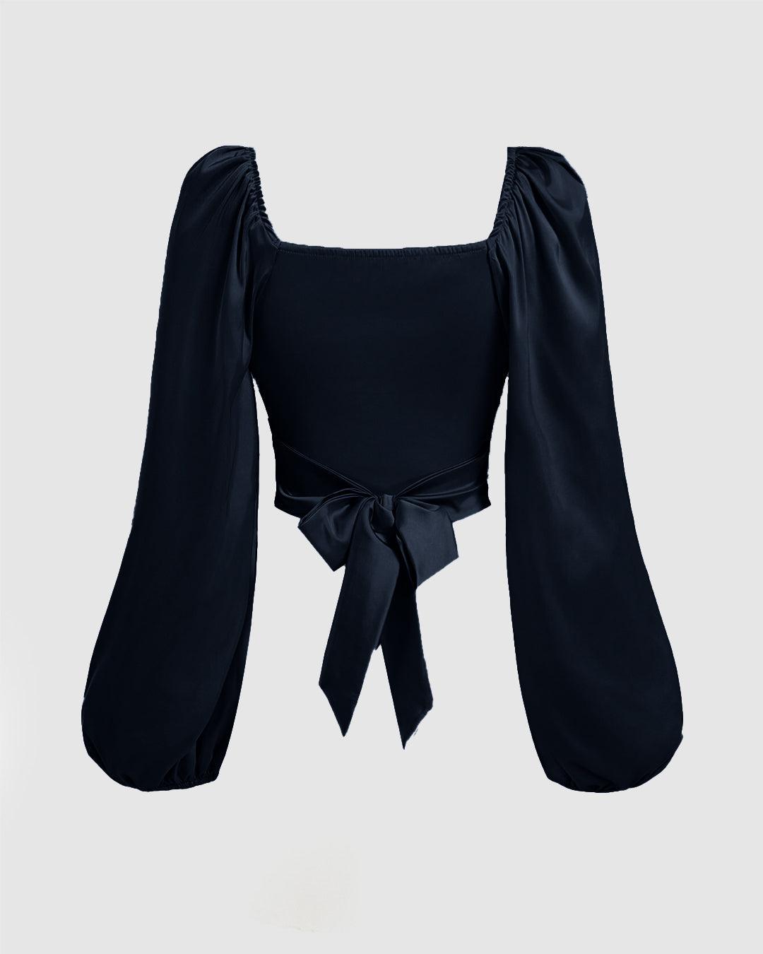 Casual Wrap V Neck Long Sleeve Crop Top in Navy Blue