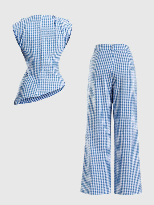 Checkered Asymmetric Top & Wide-Leg Trousers Co-ord Set