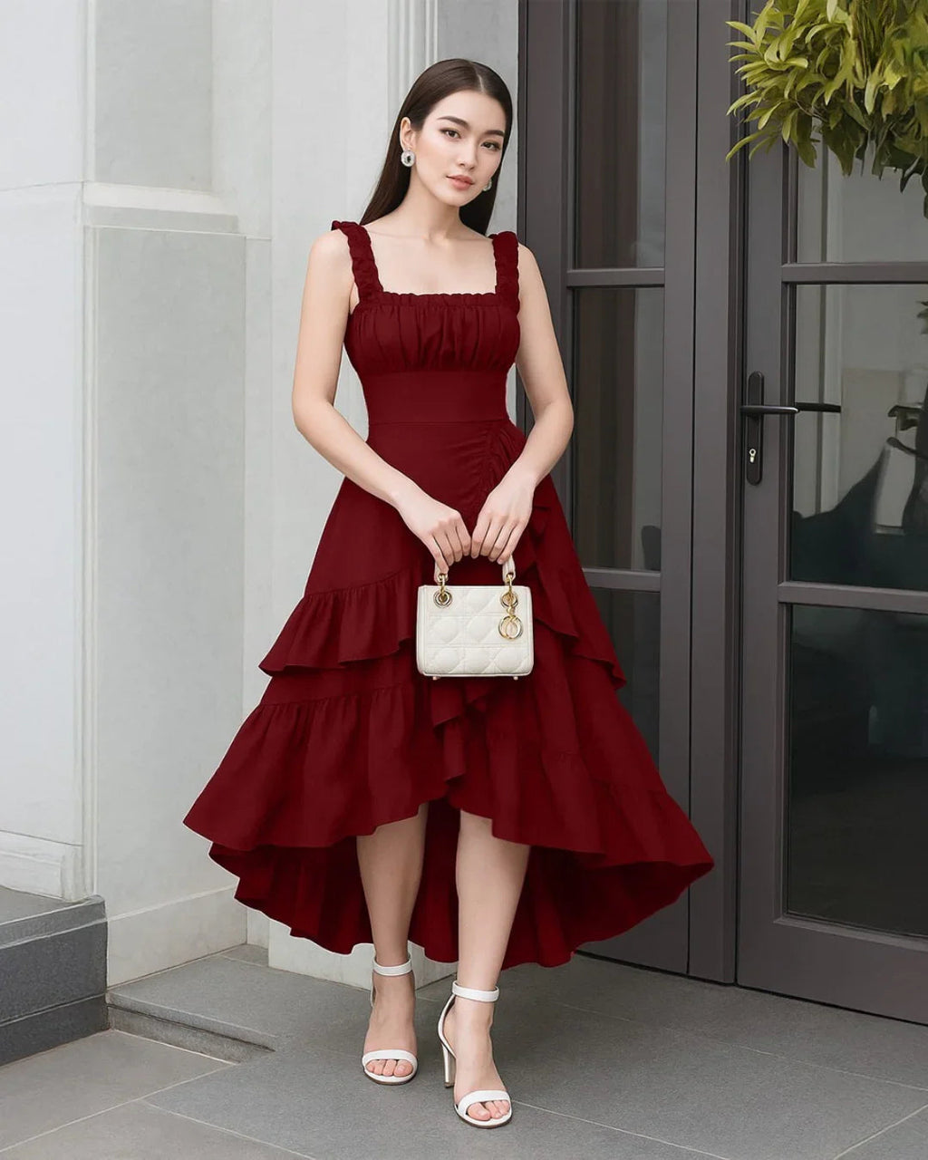 Cherry Ruched Square Neck Ruffle High-Low Midi Dress with Ruffle Hem