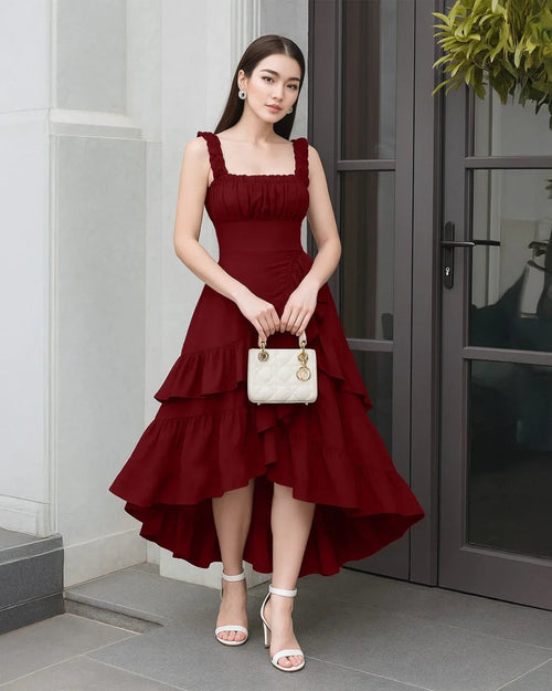 Cherry Ruched Square Neck Ruffle High-Low Midi Dress with Ruffle Hem