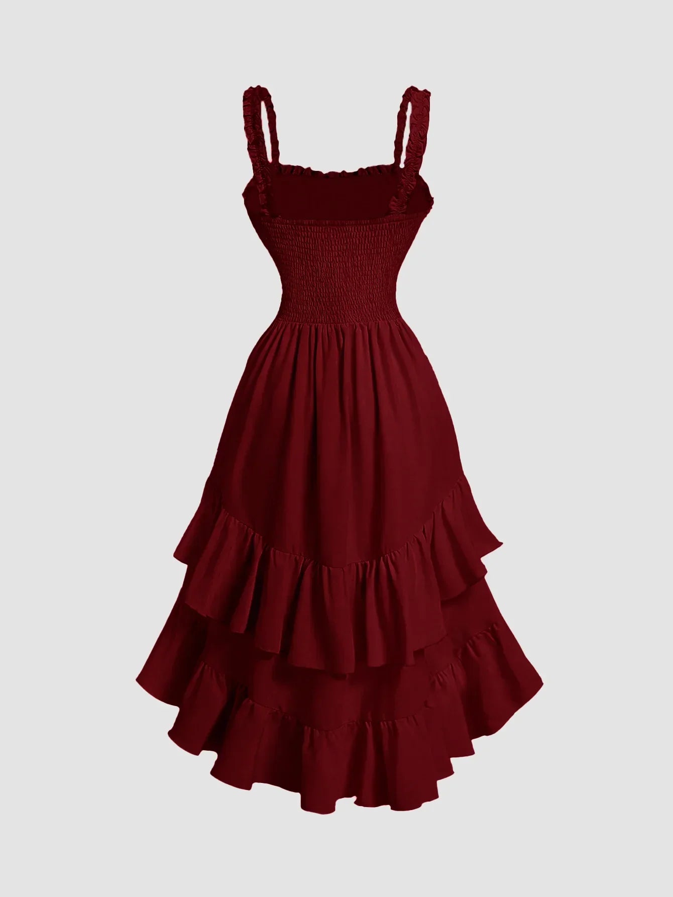 Cherry Ruched Square Neck Ruffle High-Low Midi Dress with Ruffle Hem