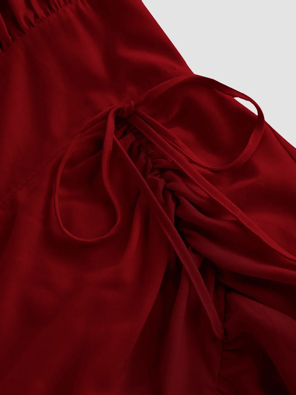 Cherry Ruched Square Neck Ruffle High-Low Midi Dress with Ruffle Hem