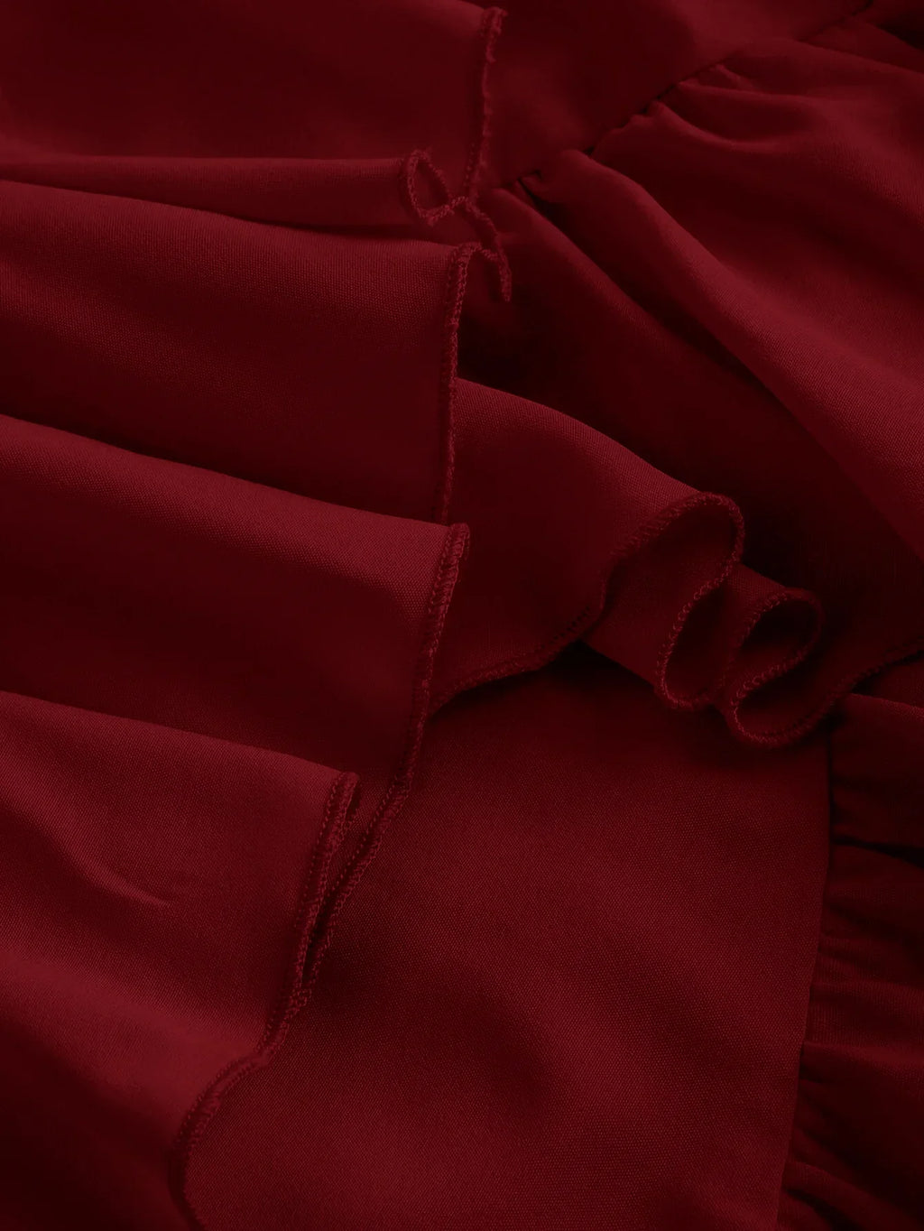 Cherry Ruched Square Neck Ruffle High-Low Midi Dress with Ruffle Hem