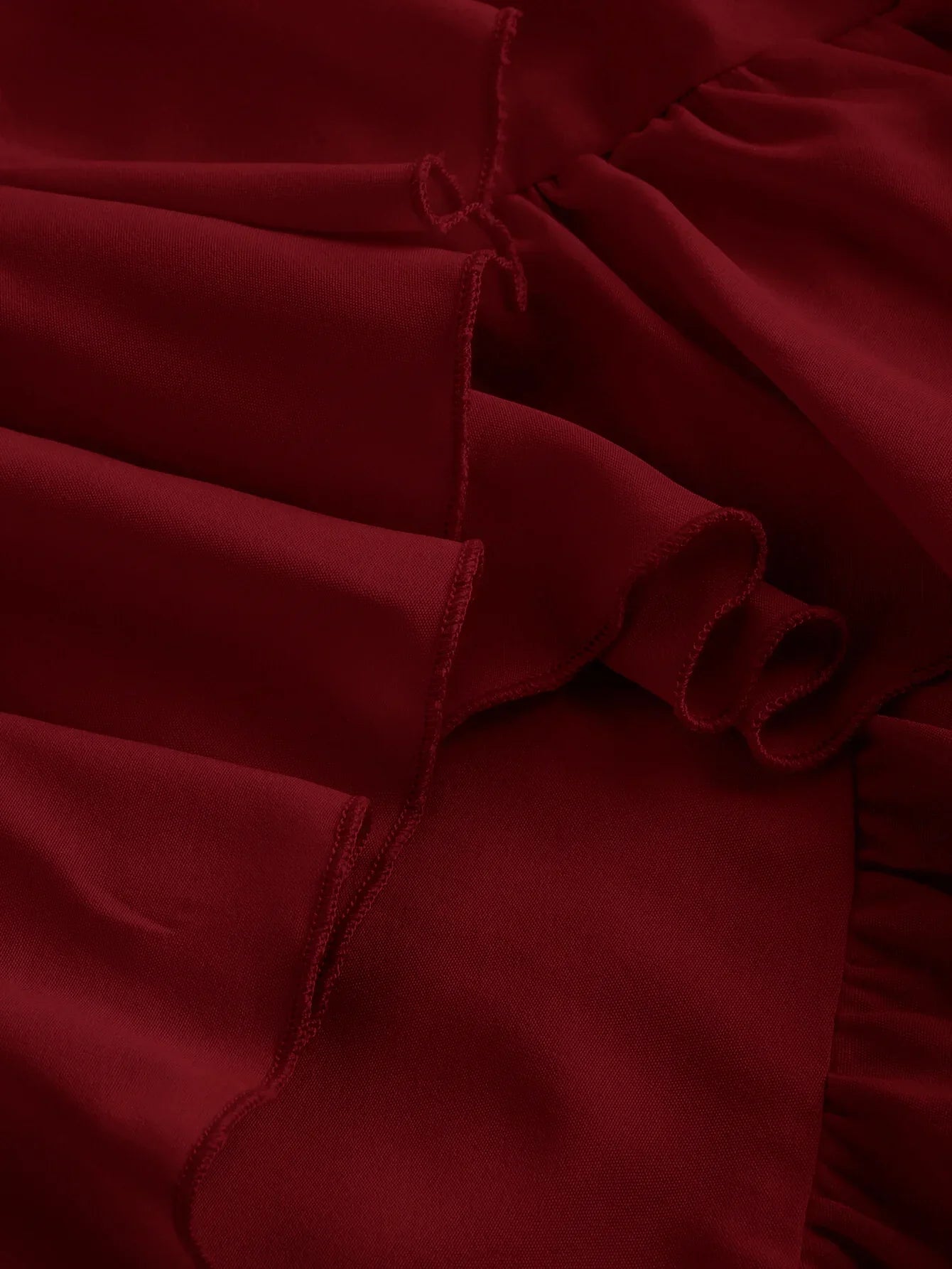 Cherry Ruched Square Neck Ruffle High-Low Midi Dress with Ruffle Hem