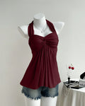 Cherry Twist Front Draped Halter Top