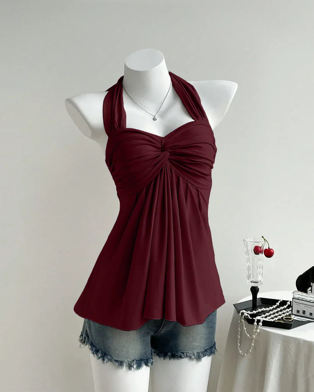 Cherry Twist Front Draped Halter Top