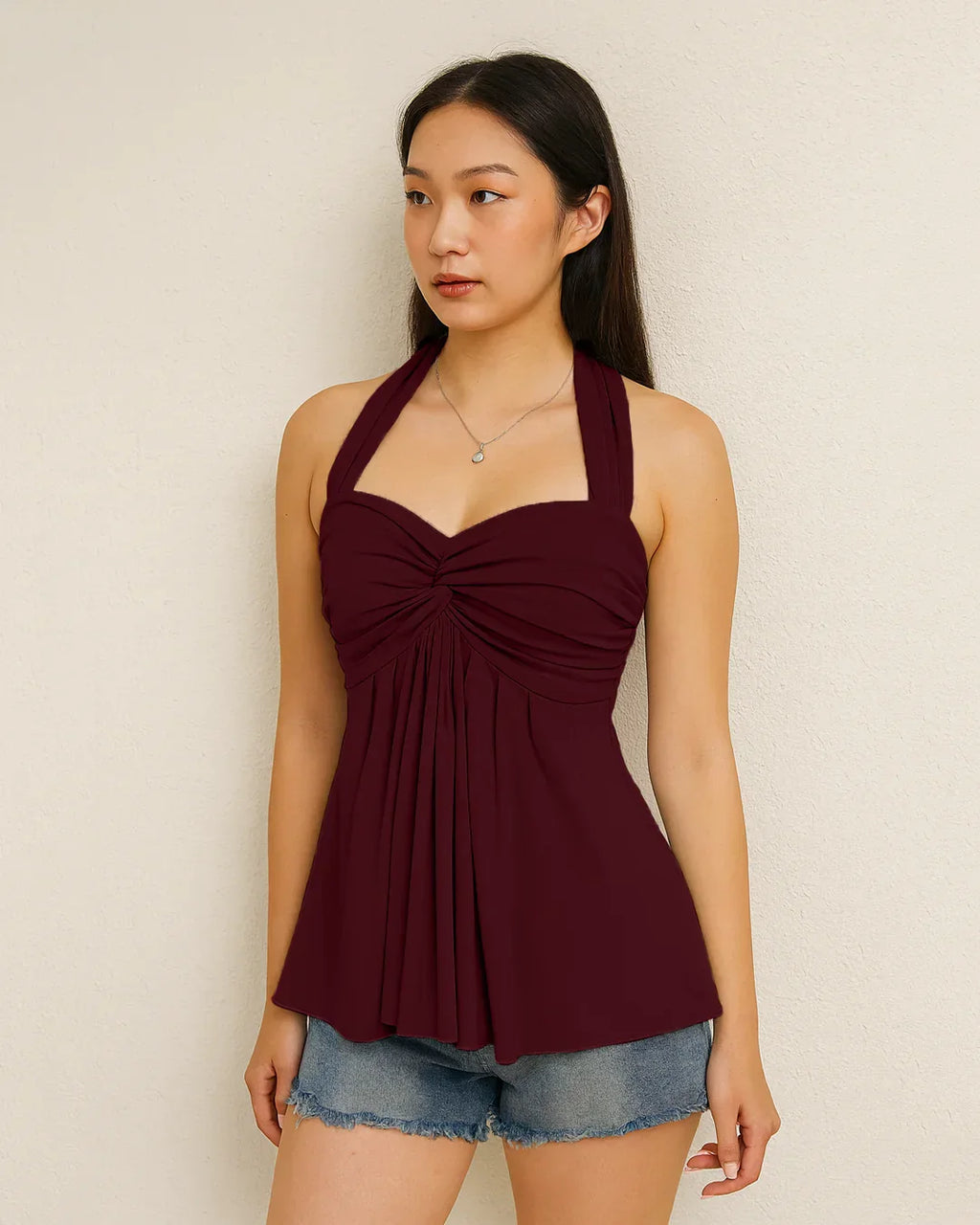 Cherry Twist Front Draped Halter Top