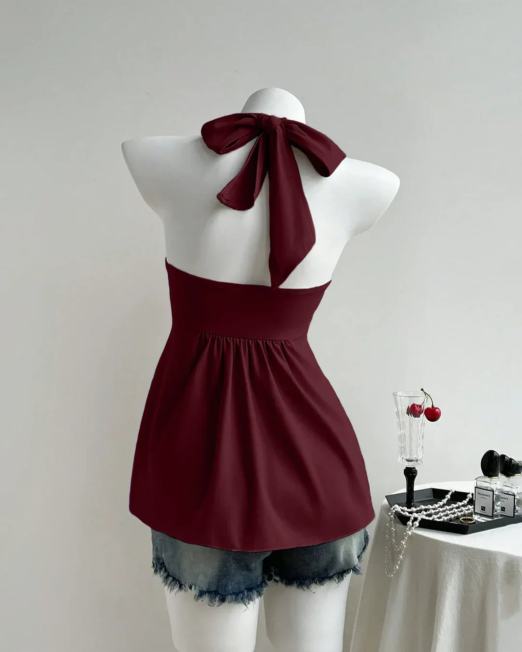Cherry Twist Front Draped Halter Top