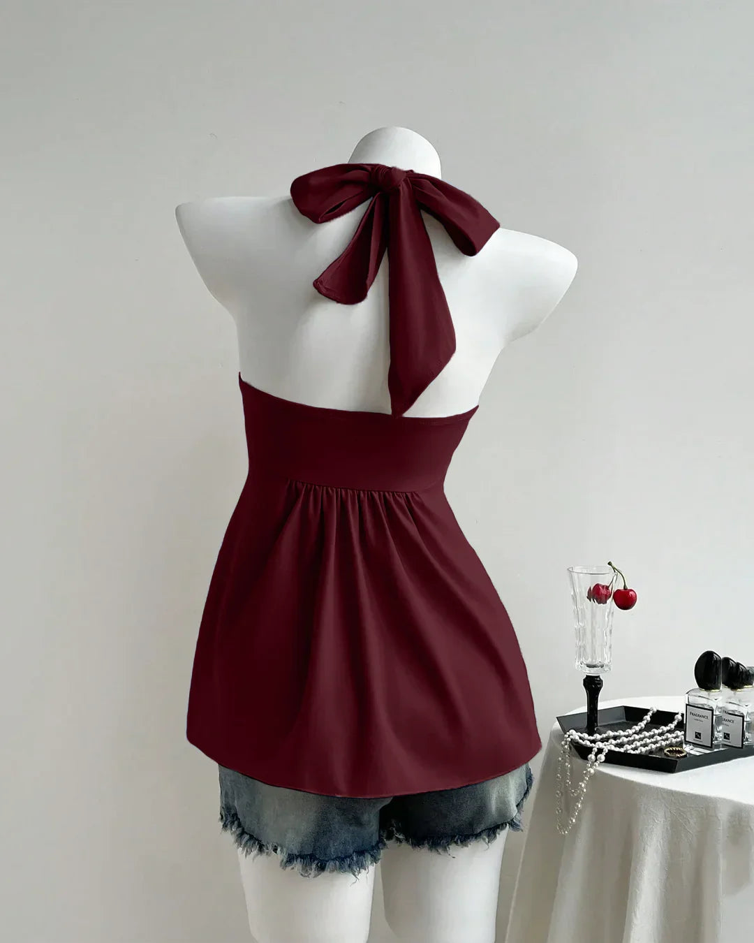 Cherry Twist Front Draped Halter Top