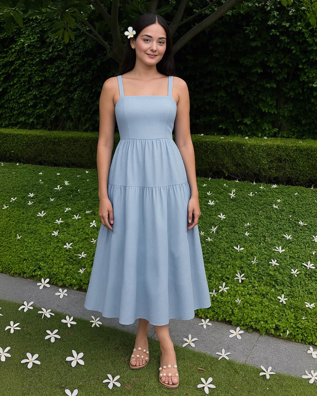 Chic Back Bow Tiered Midi Dress In English Blue