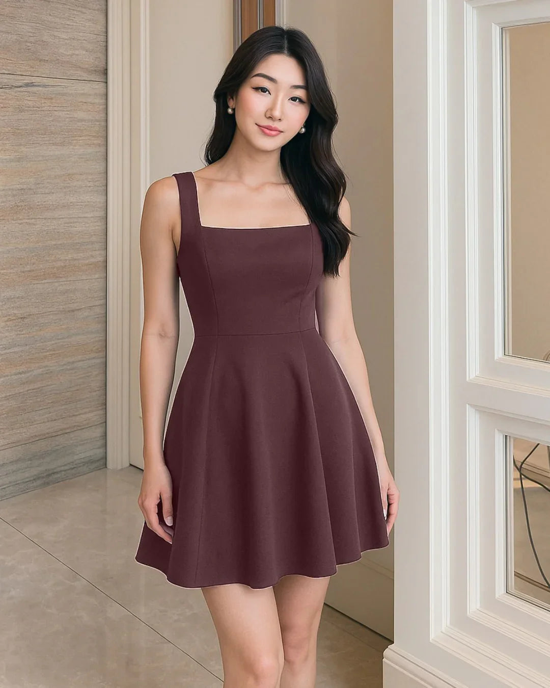 Classic Square Neck Sleeveless Flare Dress in Chocolate