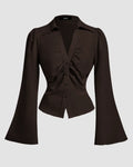 Chocolate Ruched Front Flared Sleeve Shirt Top