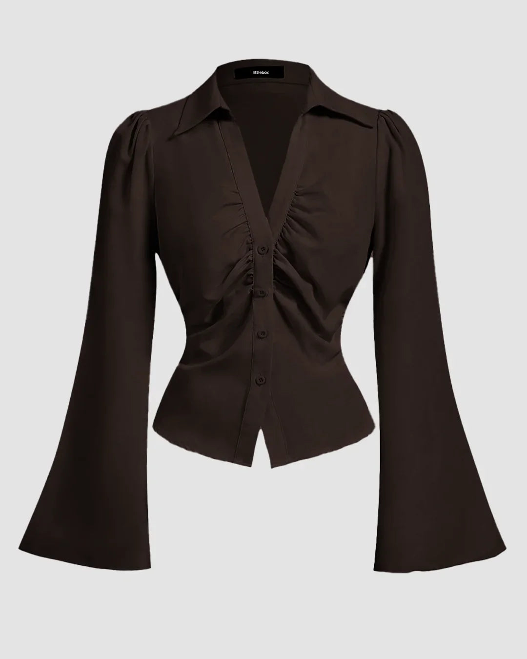 Chocolate Ruched Front Flared Sleeve Shirt Top
