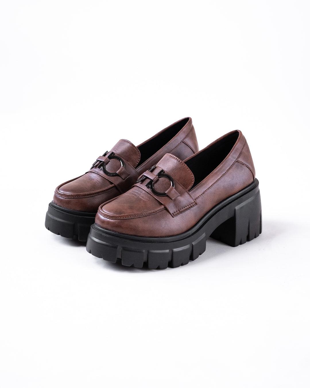 Chunky Platform Loafers with Chain Decor in Brown