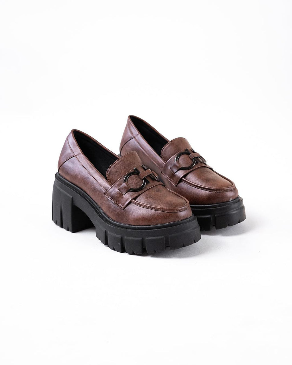 Chunky Platform Loafers with Chain Decor in Brown