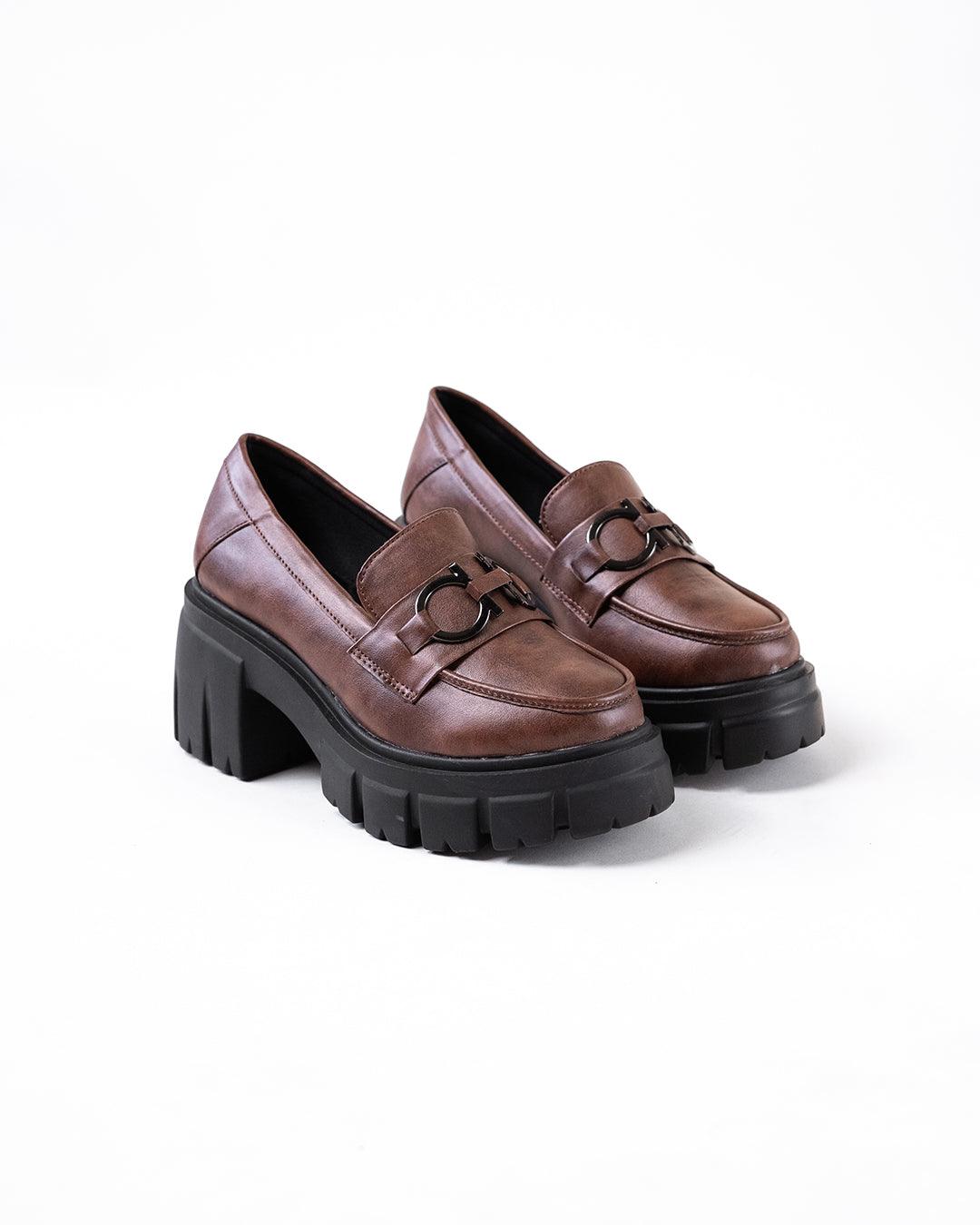 Chunky Platform Loafers with Chain Decor in Brown
