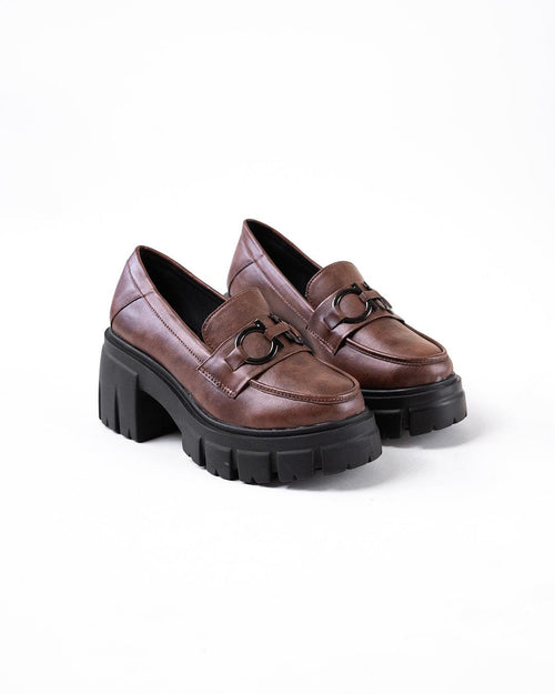 Chunky Platform Loafers with Chain Decor in Brown