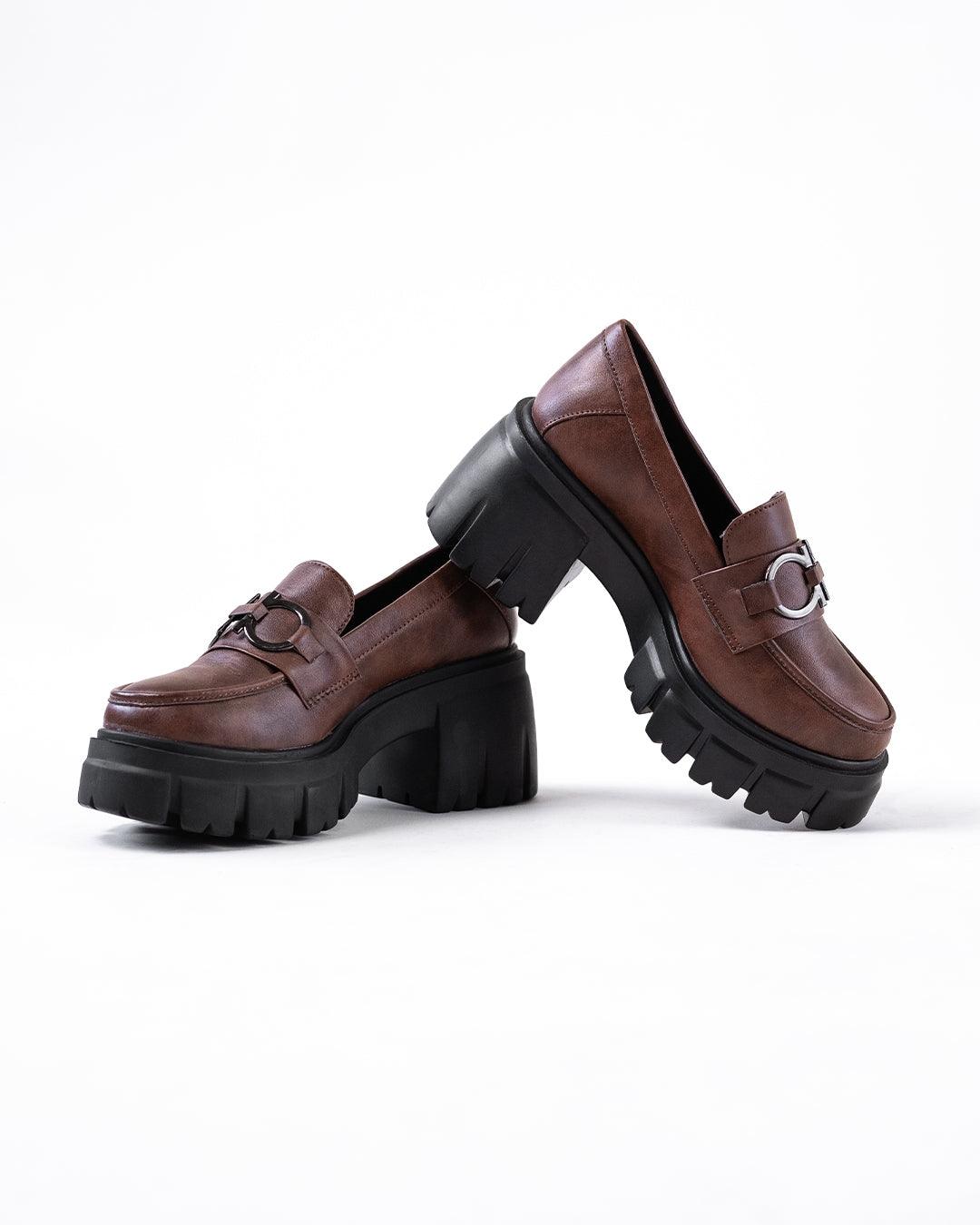Chunky Platform Loafers with Chain Decor in Brown