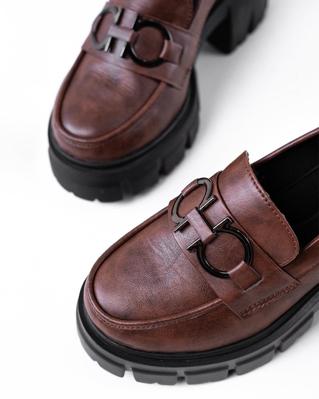 Chunky Platform Loafers with Chain Decor in Brown