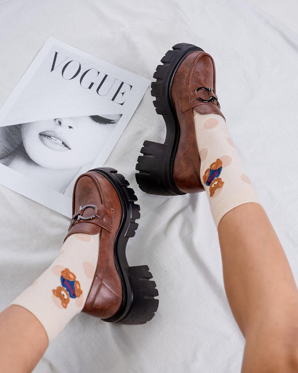 Chunky Platform Loafers with Chain Decor in Brown