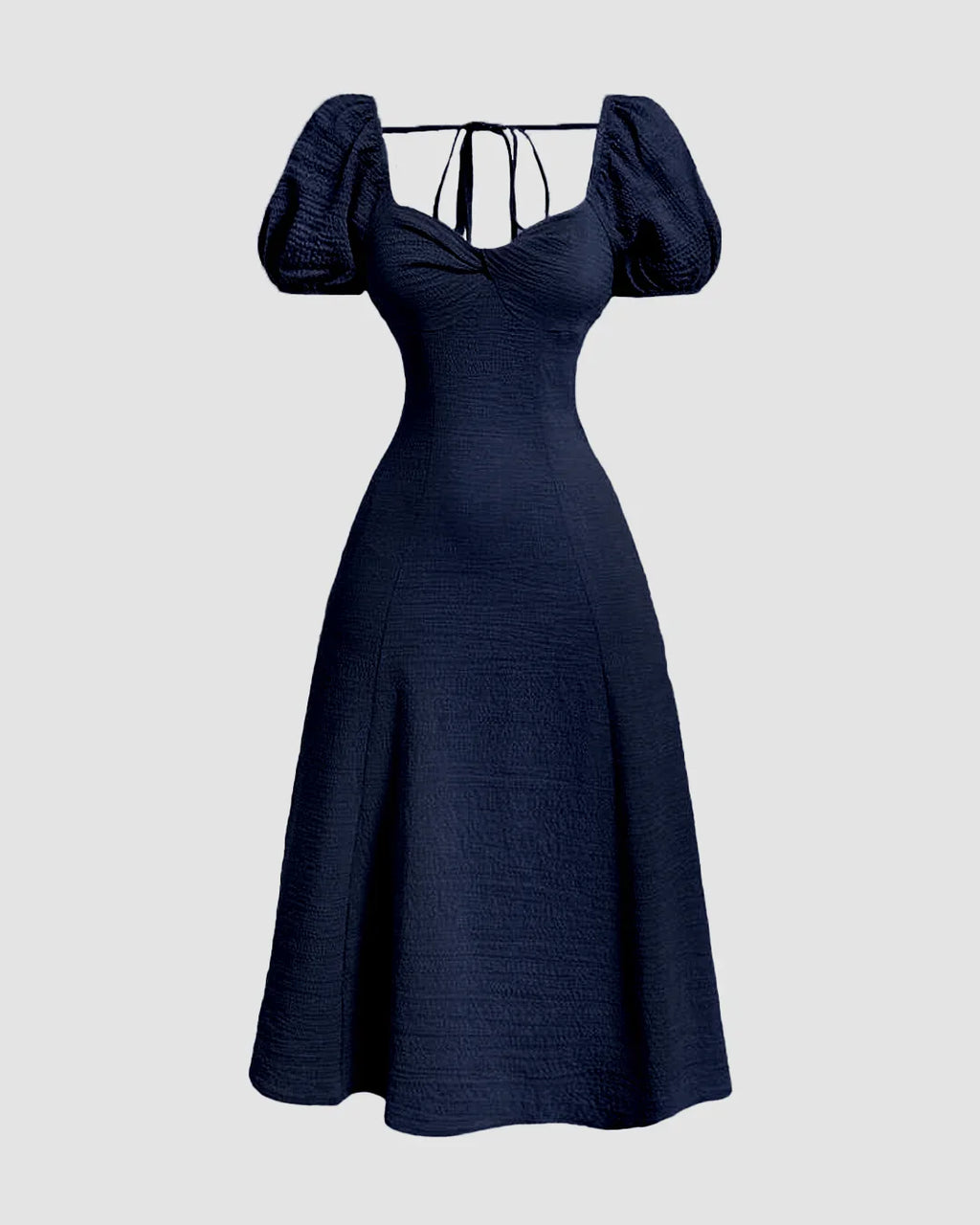 Cinched Waist Puff Sleeve Fit & Flare Midi Dress in Navy Blue