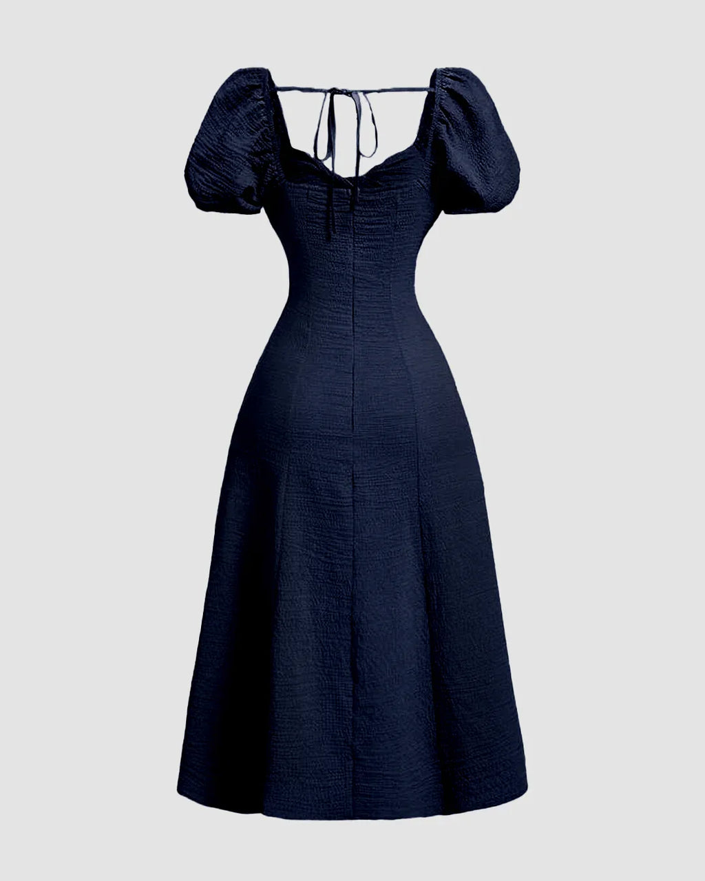 Cinched Waist Puff Sleeve Fit & Flare Midi Dress in Navy Blue