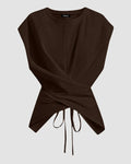 Cinched Waist Wrap Style Tie-Back Cap Sleeve Top in Brown