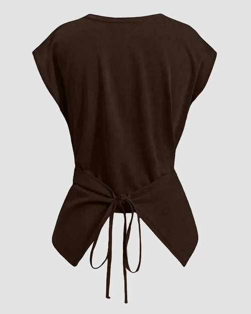 Cinched Waist Wrap Style Tie-Back Cap Sleeve Top in Brown