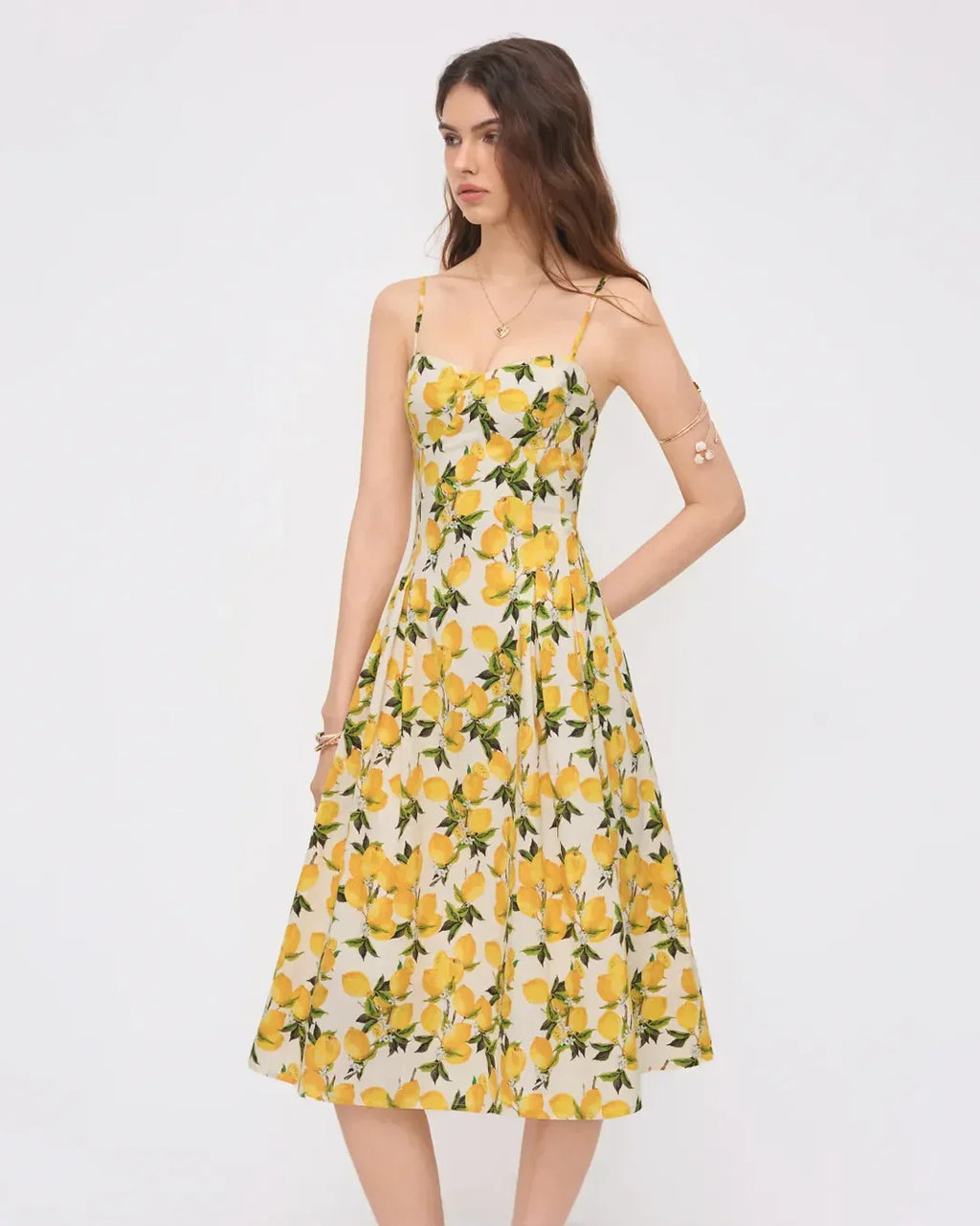 Citrus Bloom Lace-Up Fit and Flare Midi Dress