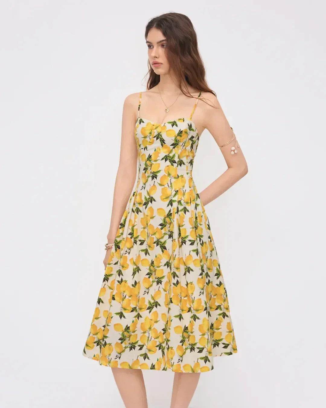 Citrus Bloom Lace-Up Fit and Flare Midi Dress