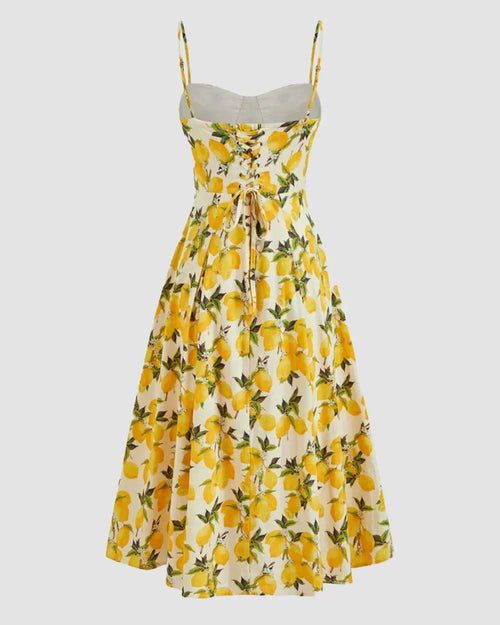 Citrus Bloom Lace-Up Fit and Flare Midi Dress