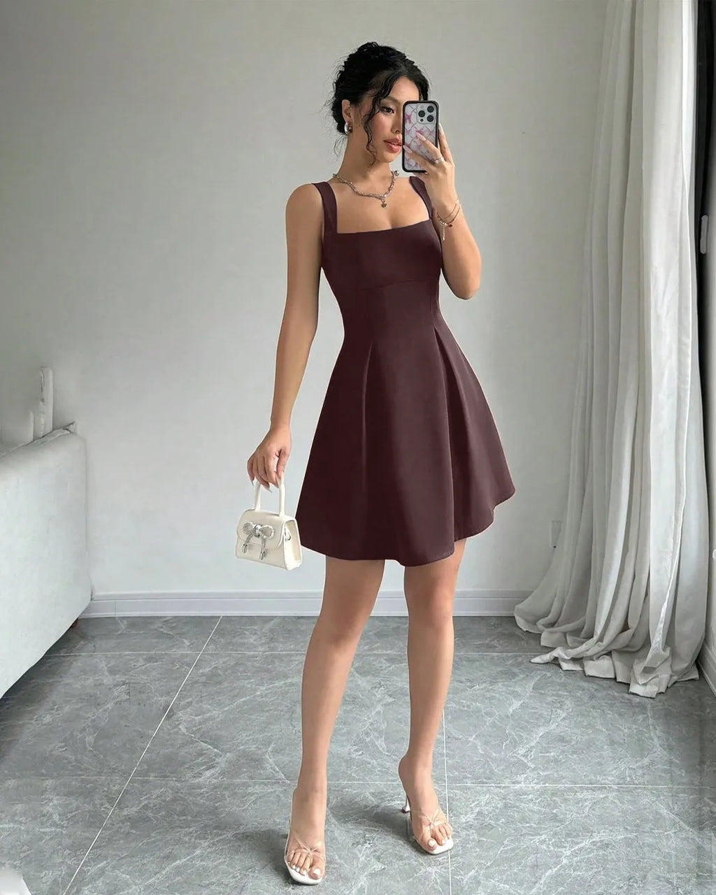 Classic Square Neck Sleeveless Flare Dress in Chocolate