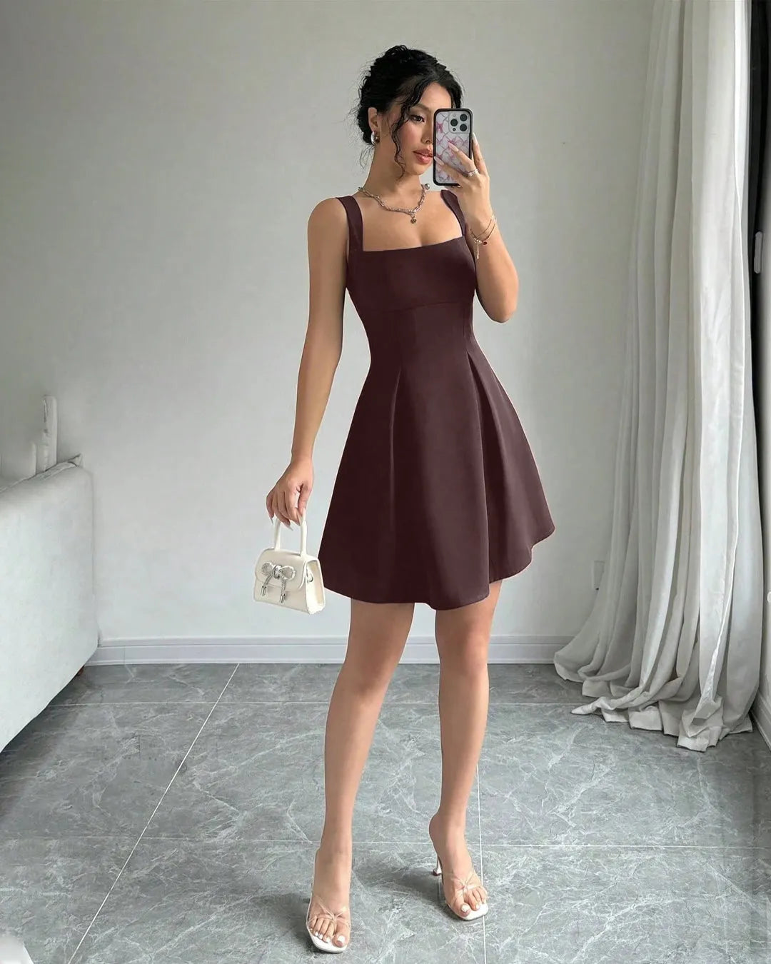 Classic Square Neck Sleeveless Flare Dress in Chocolate