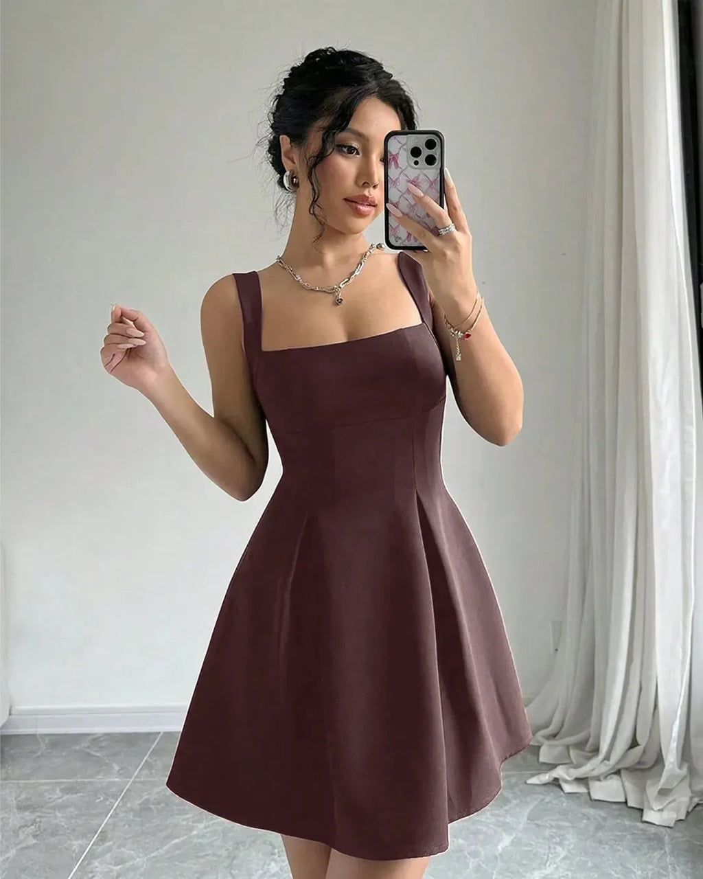 Classic Square Neck Sleeveless Flare Dress in Chocolate